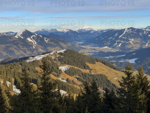 View of Markbachjoch ski area and Brixental with Hoher Salve, hiking to Feldalphorn, Kitzbühel