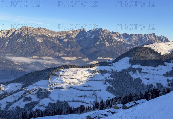 Mountain landscape in winter, rocky mountains of the Wilder Kaiser, Hochsöll, Kitzbühel Alps,