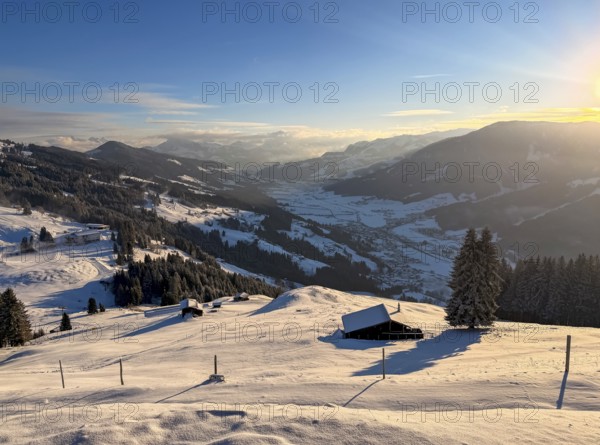 View of snowy valley and mountain landscape in morning light, Hochbrixen, Brixental, Kitzbühel