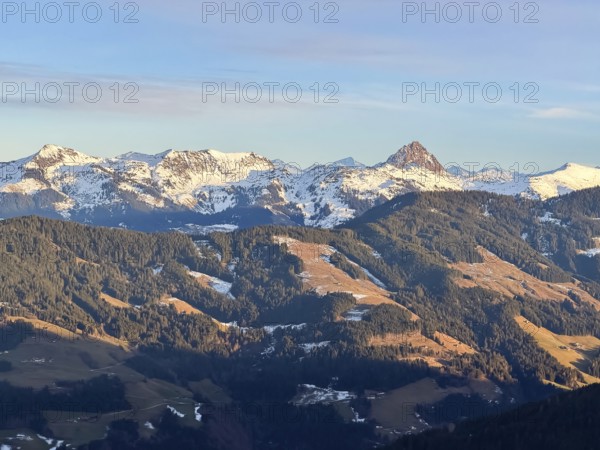 Snowy mountain peaks with Rettenstein summit in evening light, Kelchsau, Kitzbühel Alps, Tyrol,