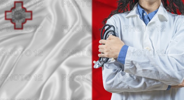 Healthcare professional with Malta flag background. Professional doctor holding stethoscope on