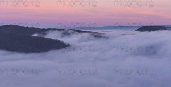 Jurassic foothills over a sea of fog in the light of dawn, Talheim, Canton of Aargau, Switzerland
