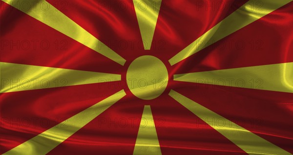 National flag of North Macedonia with cloth texture. North Macedonia flag with realistic texture