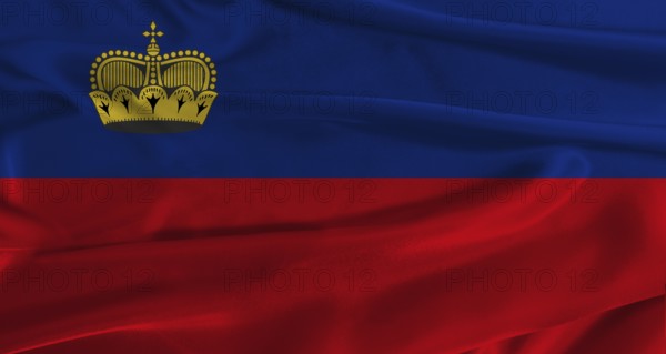 Flag of Liechtenstein with fabric textured background. Close up of National flag of Liechtenstein