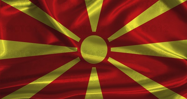 North Macedonia flag with cloth textured background. National flag of North Macedonia with