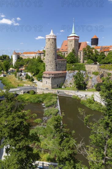 City view with Spree, Ortenburg, Alte Wasserkunst and St. Michael's Church, Bautzen, Upper Lusatia,