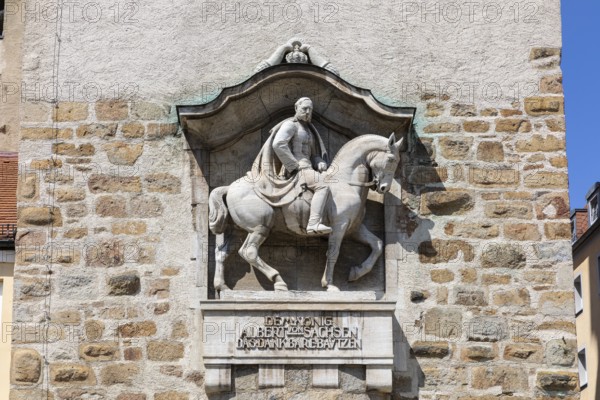Equestrian statue of King Albert I at Lauenturm, the oldest gate tower in the city of Bautzen,