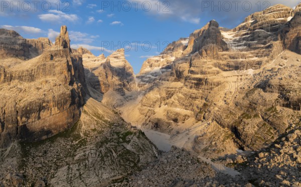 Evening at Refugio Francis Fox Tuckett, alpine panorama, aerial view, impressive mountain peaks of