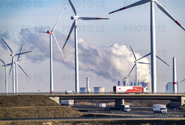 RWE Power brown coal power plant Neurath, RWE wind farm, Jackerath motorway junction, A44 and A61,