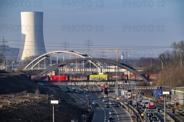 Traffic jam on the A43 motorway near Herne, heading north, in front of the barrier system, the