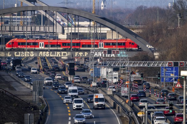 Traffic jam on the A43 motorway near Herne, heading north, in front of the barrier system, the