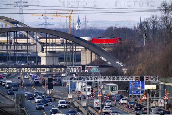 Traffic jam on the A43 motorway near Herne, heading north, in front of the barrier system, the