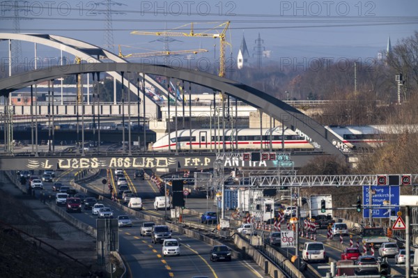 Traffic jam on the A43 motorway near Herne, heading north, in front of the barrier system, the