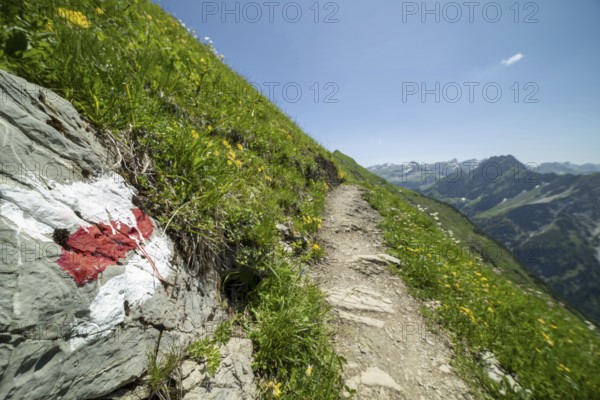 Trail marker on the Laufbacher-Eckweg, a demanding high-altitude hiking trail from Höfatsblick