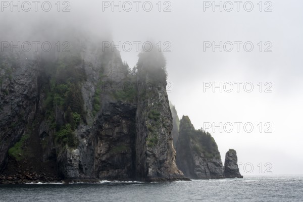 Mystical fog sweeps around rocky islands on the coast, Kenai Fjords National Park, Kenai Peninsula,