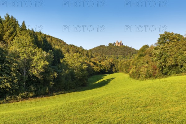 View over green meadows and forests to the ruins of Hanstein Castle, Bornhagen, Eichsfeld,