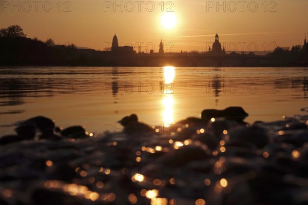 View of Church of Our Lady Dresden across the Elbe, sunset, winter, Saxony, Germany