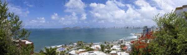 Panoramic view of scenic Mazatlan sea promenade and waterfront El Malecon with ocean lookouts,