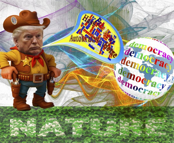 Symbolic image, Trump as world sheriff, determines the world and USA, Chasos king, climate change