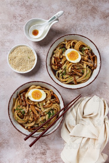 Buckwheat noodles soba with shimeji mushrooms, with boiled egg, green onion, sesame seeds,