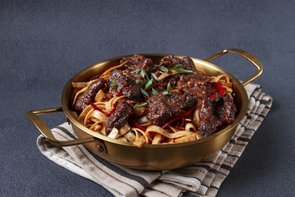 Udon noodles with Mongolian beef, green onions and vegetables, in a brass pan, on a gray