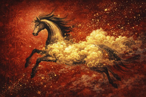A vibrant illustration of a fiery red horse racing through a traditional Chinese landscape,