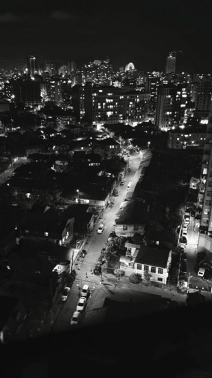 City view at night with illuminated streets and distinctive skyline in the background, black and
