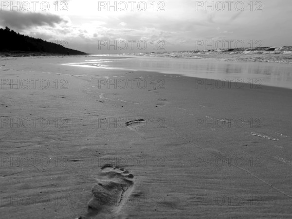 A secluded beach on the Baltic Sea with footprints in the sand and a wide, cloudy sky, Poland