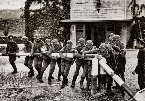 German troops storm the Polish border, propaganda photo from September 14, 1939 in Kolibki at the