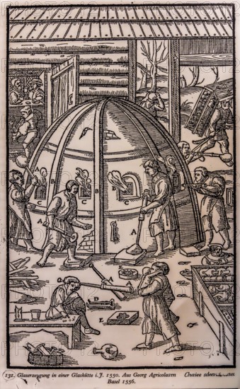 Copper engraving glass production in a glassworks, Basel 1556, Piast Castle Museum, 16th century,