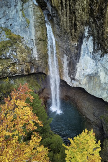Aerial view of Berglistüber waterfall in autumn-colored surroundings, Linthal, Klausenpass, Canton