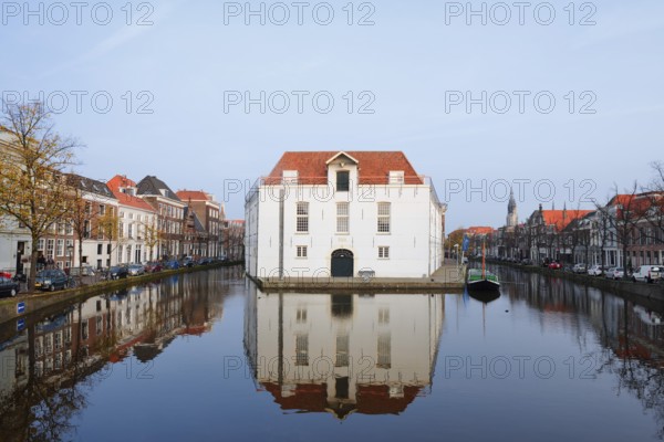 Voldersgracht with houses and the former Army Museum, Koninklijk Nederlands Legermuseum, Delft,