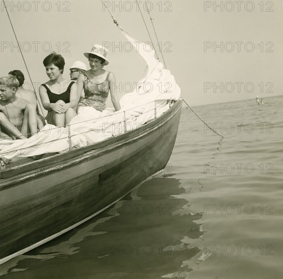 Historical photo summer 1961, tourists, beach, Rimini, Italy