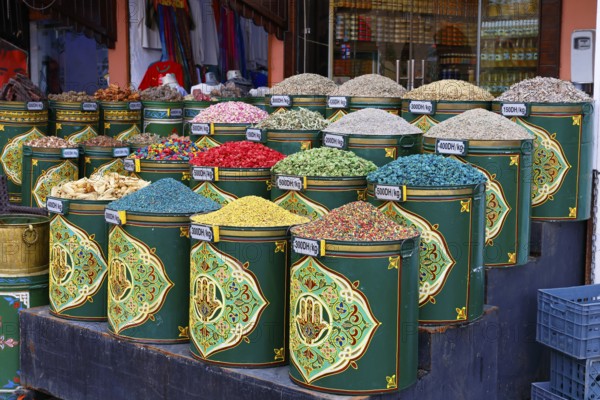 Sales stand selling spices and herbs at a market in Marrakech, historic old town, Medina, UNESCO