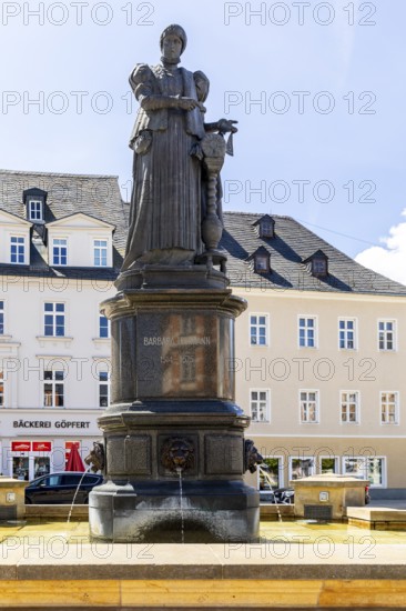 Barbara Uthmann fountain on the market square in Annaberg, Annaberg-Buchholz, Ore Mountains,