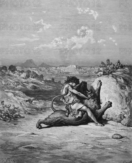 Samson or Samson kills a lion with his hands, Bible, book of judges chapter 14, verse 6, story,