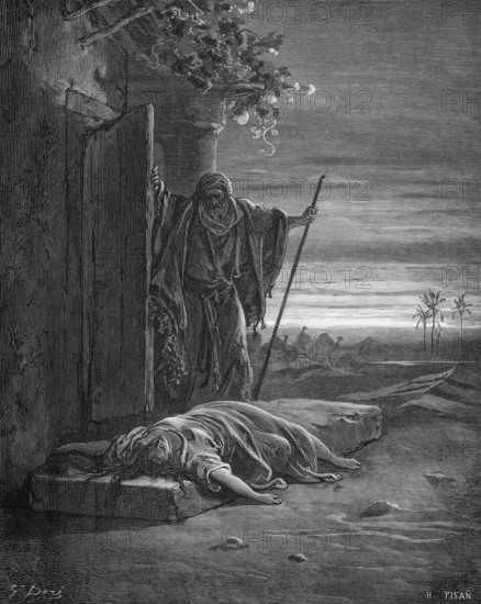 The woman of Levite Ephraim lies dead on the threshold of her house, Bible, Book of Judges chapter