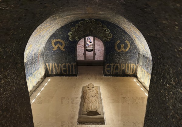 Entrance to the episcopal crypt, grave slab with relics of Bishop Meinwerk, crypt, Paderborn