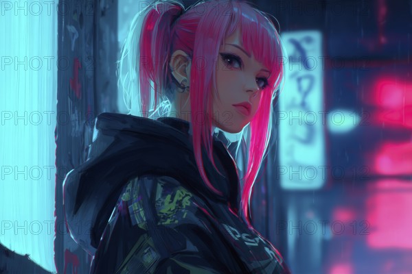 Cyberpunk anime girl with pink hair and headphones in a neon light environment, AI generated