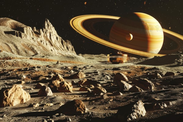 Base on a distant planet with Saturn behind, AI generated