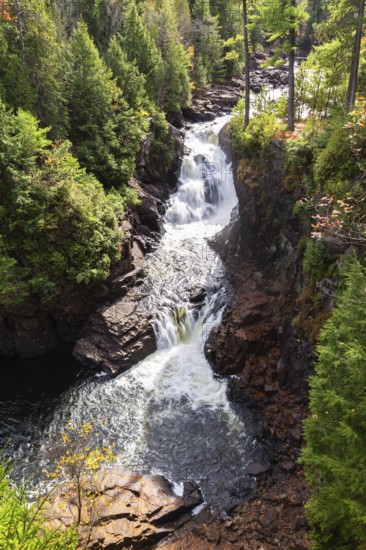 High angle view of Dorwin Falls and Ouareau river in autumn, Dorwin Falls Park, Rawdon, Lanaudiere,
