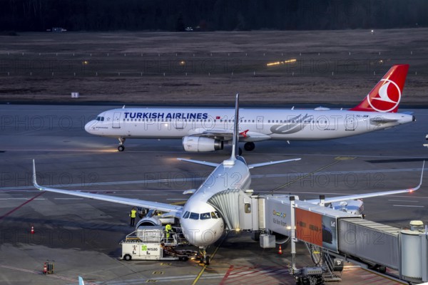 Turkish Airlines Airbus A321 after landing at Cologne/Bonn airport, on the taxiway to the terminal,