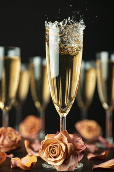 Sparkling wine made of glass surrounded by other glasses and rose petals on a black background