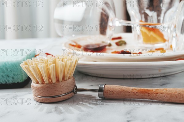 Dishes are stacked on a kitchen counter with food remnants after a meal. A cleaning brush and