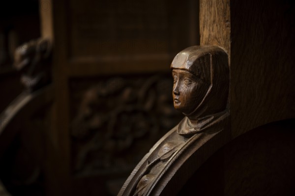 Head of a woman, oak choir stalls for the monks, 1493 by Jörg Syrlin the Younger, also Sürlin or