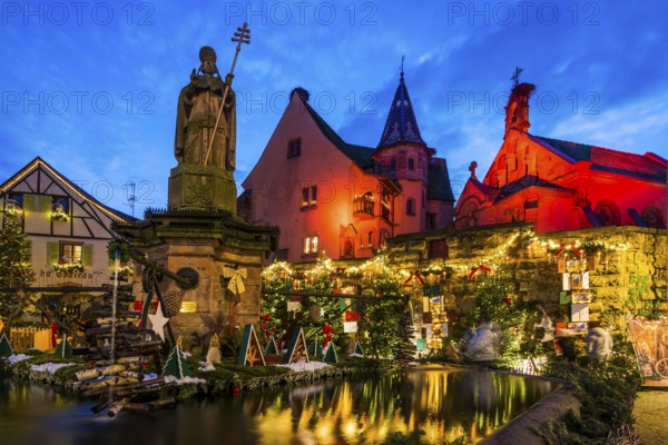 Houses illuminated and decorated for Christmas, Christmas market, blue hour, Eguisheim, Haut-Rhin