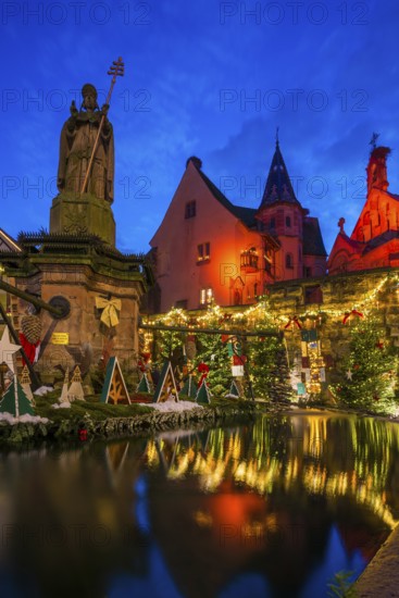 Houses illuminated and decorated for Christmas, Christmas market, blue hour, Eguisheim, Haut-Rhin