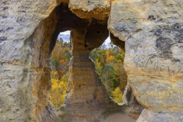 Klusfelsen, sandstone rock formation in Goslar near Halberstadt on the edge of the Harz Mountains,