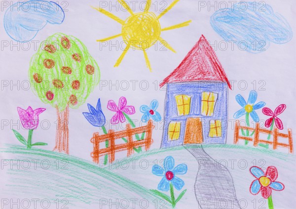 Naive illustration, children's drawing, house with garden, flowers, sunshine and cloud, Austria
