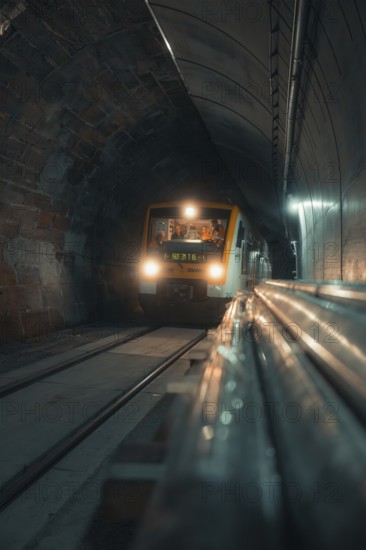 An illuminated train passes through an industrial tunnel at night, taking the Hermann Hesse